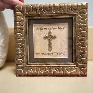 𝅺CarpenTree charming framed art Joshua 24:15 & ornate raised gold cross 7.5x7.5